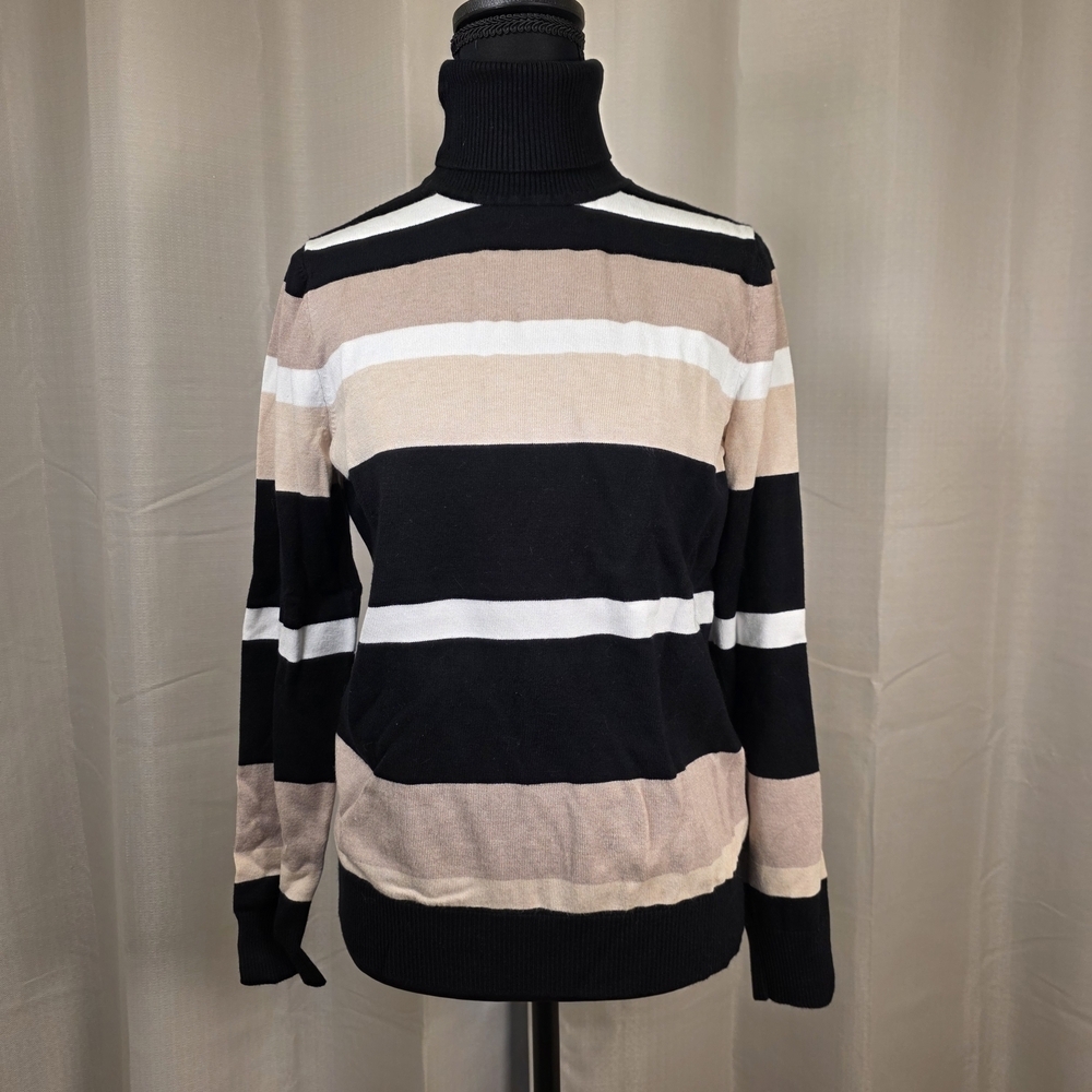 Joseph A Striped Turtleneck Sweater Neutral Black Beige White Size M
